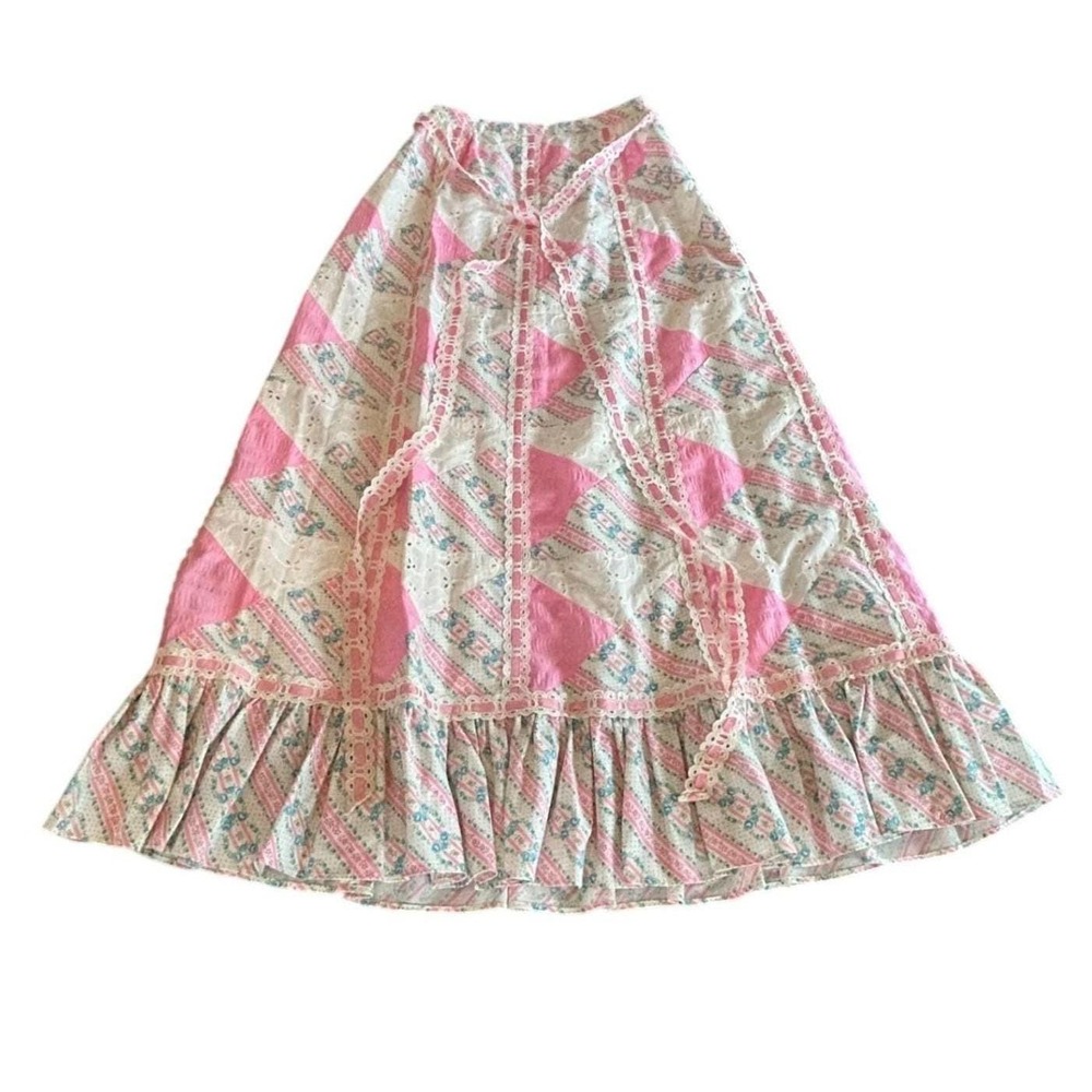 Vintage Mountain Artisan Patchwork Maxi Skirt Pink Floral Eyelet 70s Cottagecore